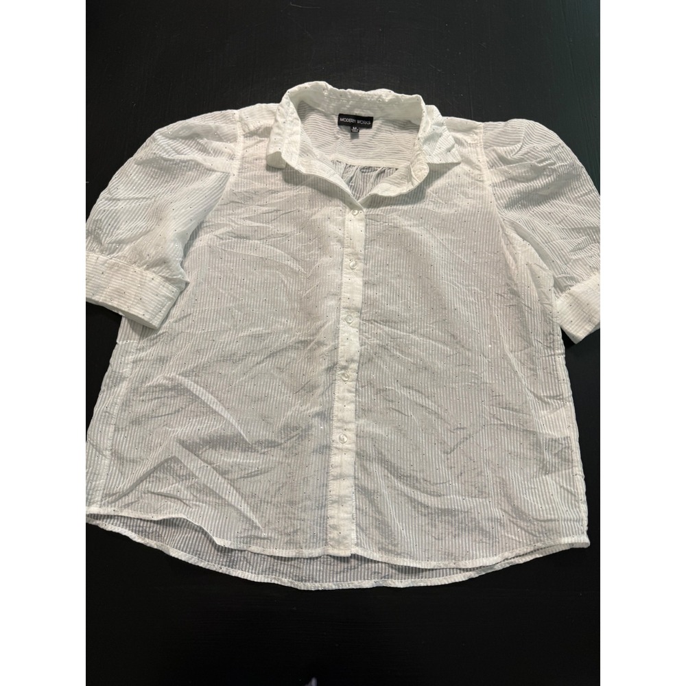 Modern Works White Striped rhinestone Short Puff Sleeve Button Down Blouse